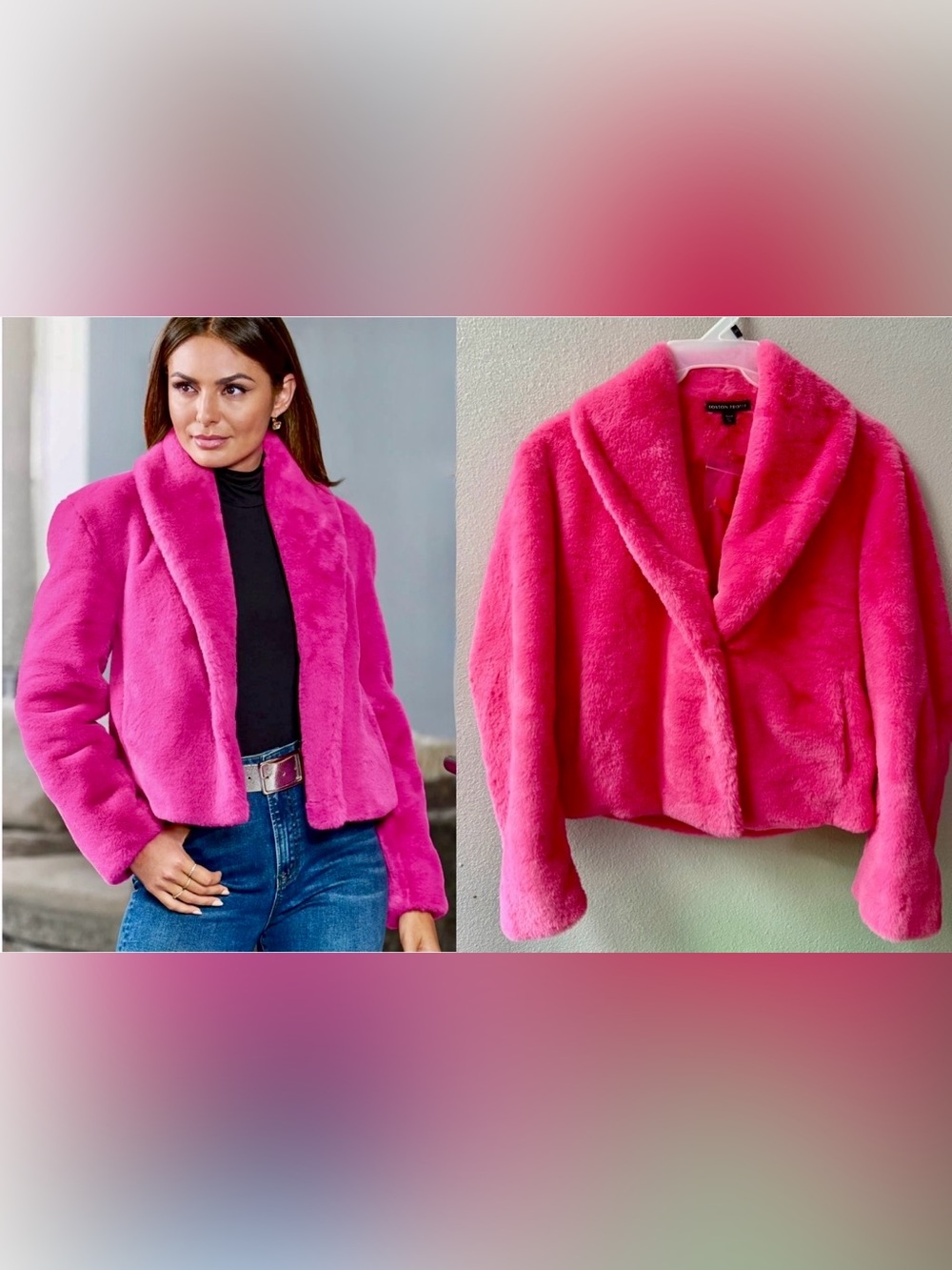 BOSTON PROPER SHAWL COLLAR VERSATILE FAUX FUR CHUBBY PINK PEACOCK SIZE M~NWT